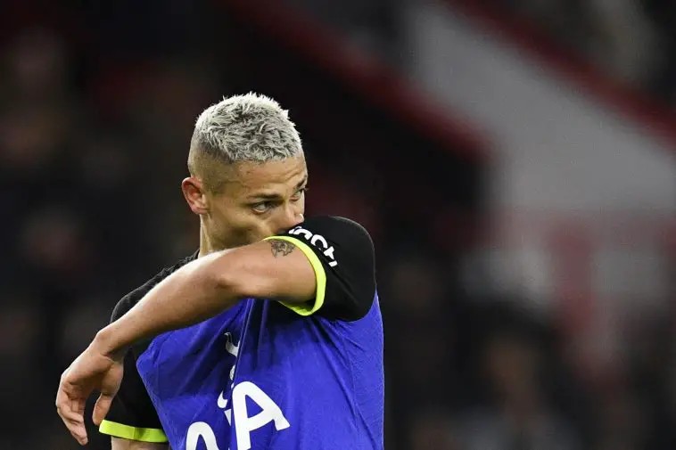 Tottenham Hotspur's Brazilian striker Richarlison reacts during the FA Cup fifth round football match between Sheffield United and Tottenham Hotspurs at Bramall Lane in Sheffield, northern England, on March 1, 2023