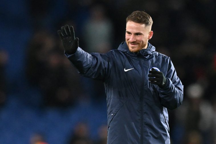 Brighton's Argentinian midfielder Alexis Mac Allister waves to fans on the pitch after the English Premier League football match between Brighton and Hove Albion and Liverpool at the American Express Community Stadium in Brighton, southern England on January 14, 2023. - Brighton won the game 3-0.