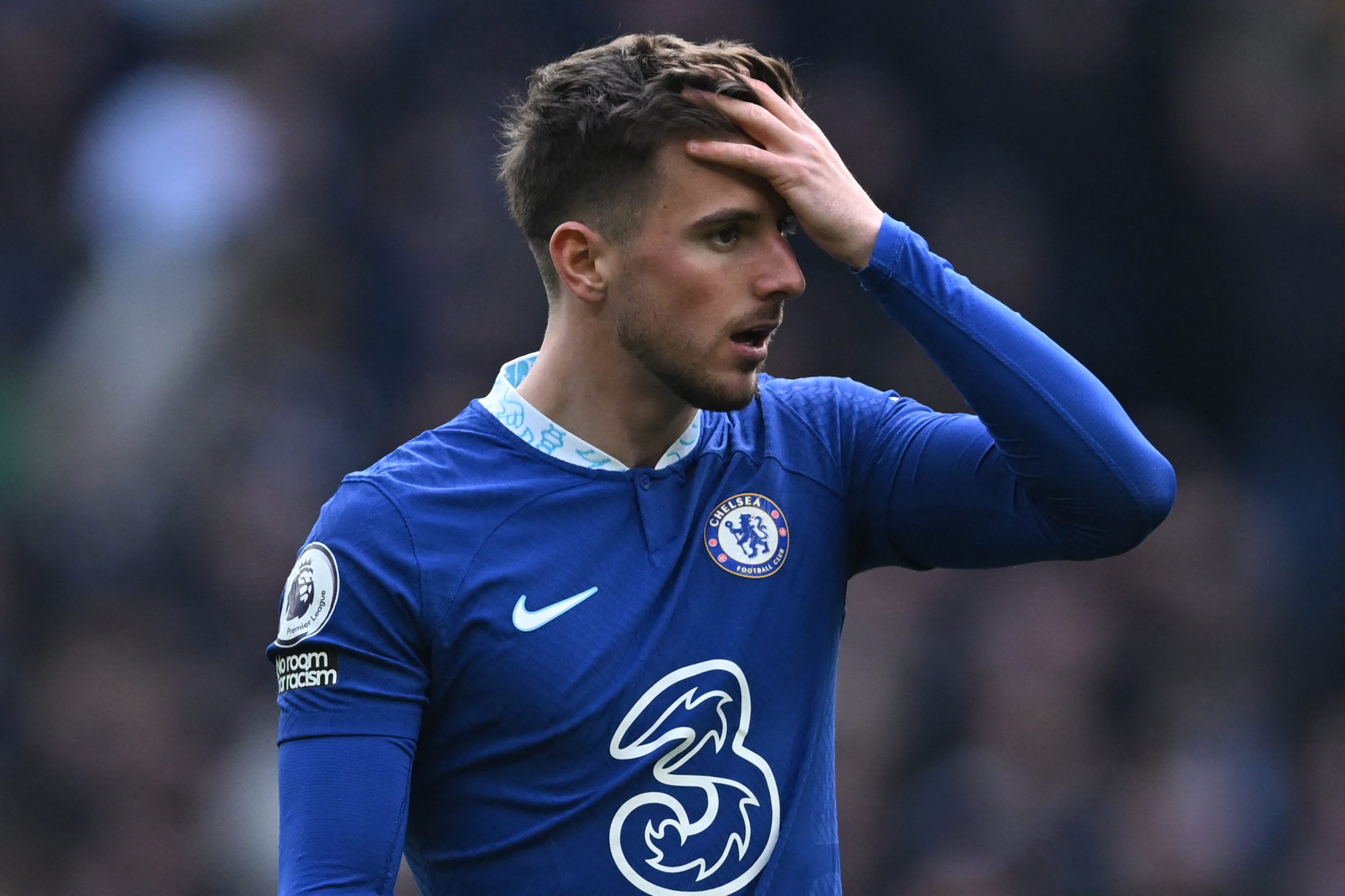 Chelsea's English midfielder Mason Mount reacts during the English Premier League football match between Tottenham Hotspur and Chelsea at Tottenham Hotspur Stadium in London, on February 26, 2023.