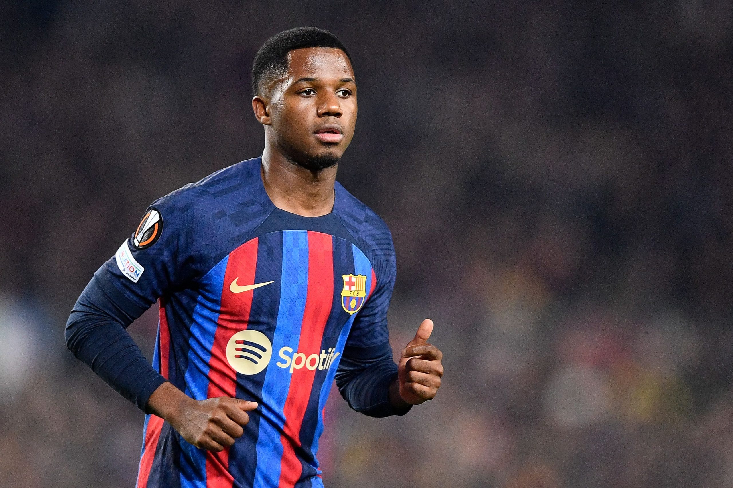 Barcelona's Spanish forward Ansu Fati looks on during the UEFA Europa League round of 32 first-leg football match between FC Barcelona and Manchester United at the Camp Nou stadium in Barcelona, on February 16, 2023