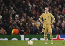 Barcelona's Dutch midfielder Frenkie de Jong reacts during the UEFA Europa league knockout round play-off second leg football match between Manchester United and FC Barcelona at Old Trafford stadium in Manchester, north west England, on February 23, 2023.