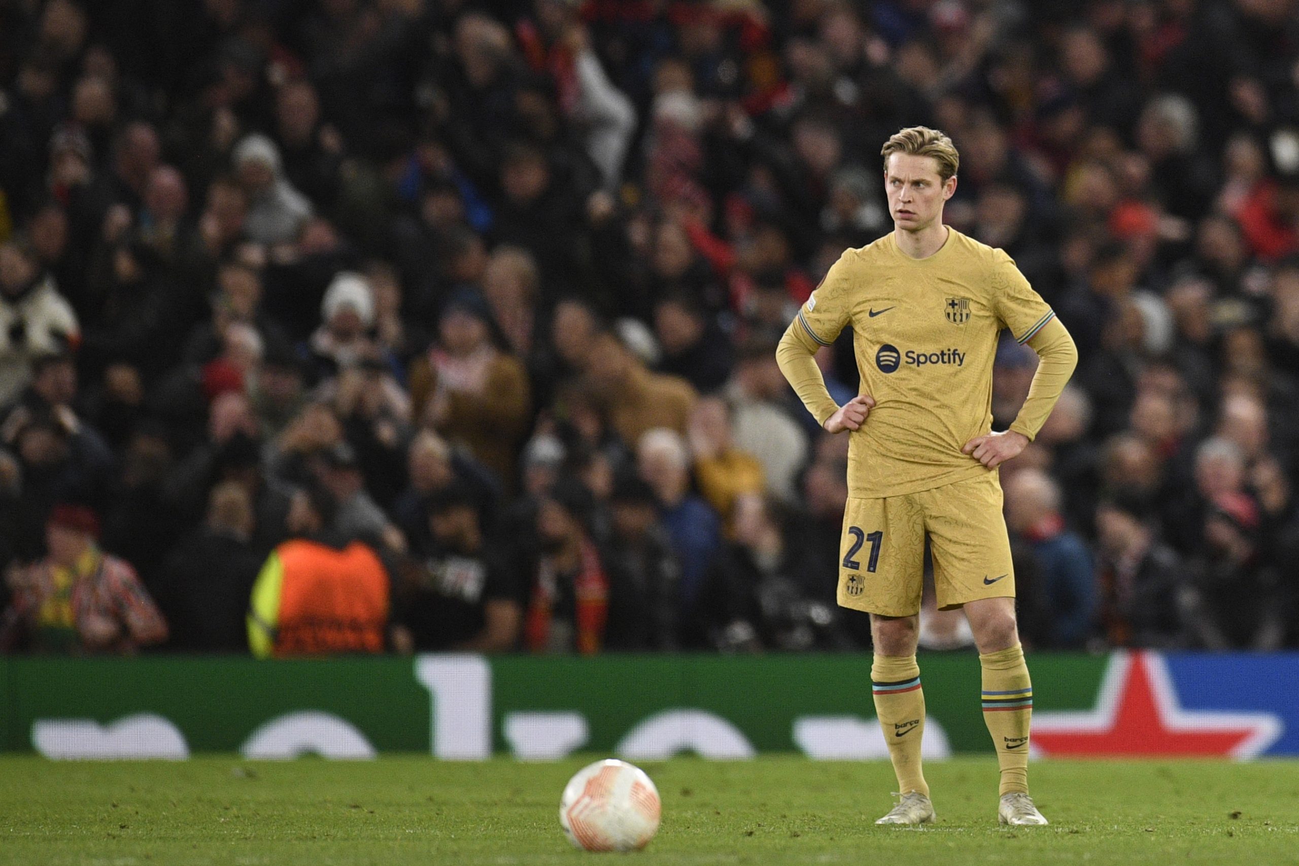 Barcelona's Dutch midfielder Frenkie de Jong reacts during the UEFA Europa league knockout round play-off second leg football match between Manchester United and FC Barcelona at Old Trafford stadium in Manchester, north west England, on February 23, 2023.