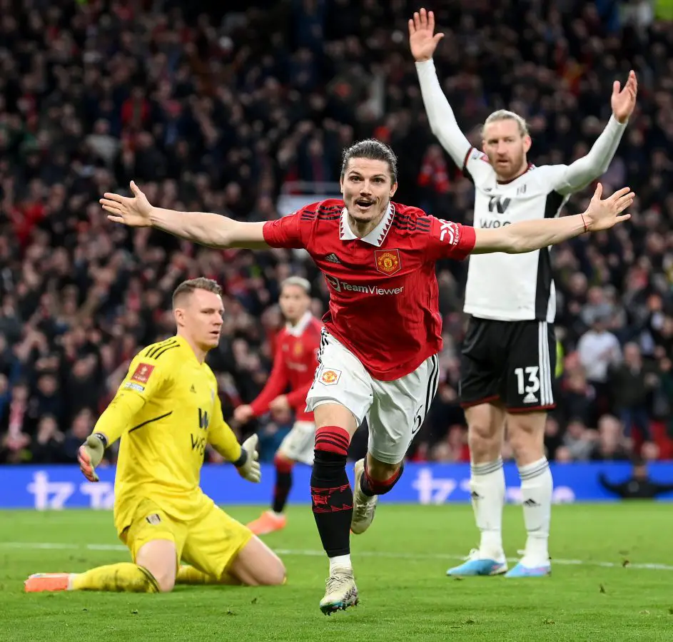 MANCHESTER, ENGLAND - MARCH 19: Marcel Sabitzer of Manchester United celebrates after scoring the team's second goal  during the Emirates FA Cup Quarter Final match between Manchester United and Fulham at Old Trafford on March 19, 2023 in Manchester, England.