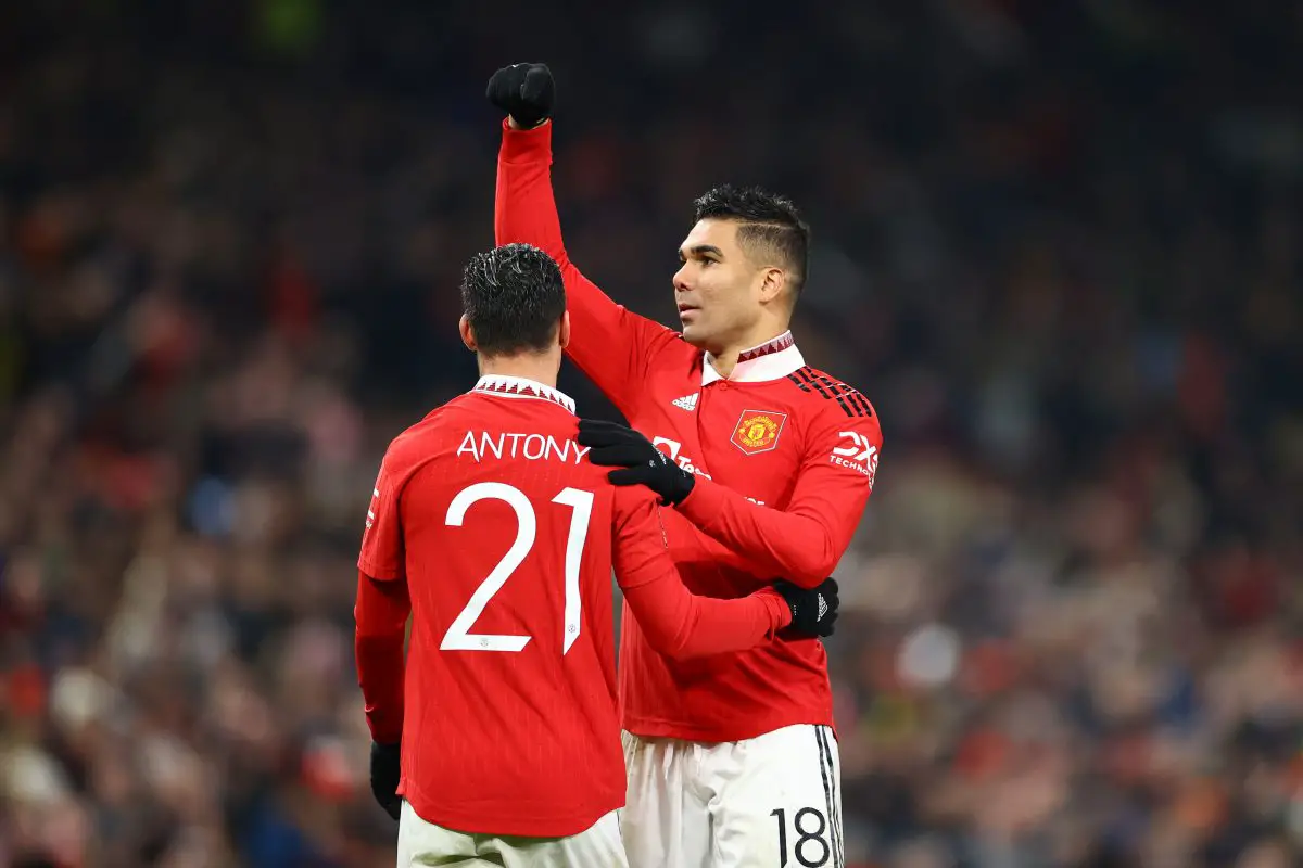 Casemiro of Manchester United celebrates with teammate Antony after scoring the team's first goal during the Emirates FA Cup Fourth Round match between Manchester United and Reading at Old Trafford on January 28, 2023 in Manchester, England