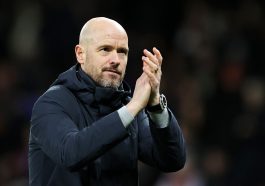 Erik ten Hag, Manager of Manchester United, applauds their fans after the Emirates FA Cup Fifth Round match between Manchester United and West Ham United at Old Trafford on March 01, 2023 in Manchester, England
