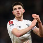 Declan Rice of West Ham looks dejected during the Emirates FA Cup Fifth Round match between Manchester United and West Ham United at Old Trafford on March 1, 2023 in Manchester, England