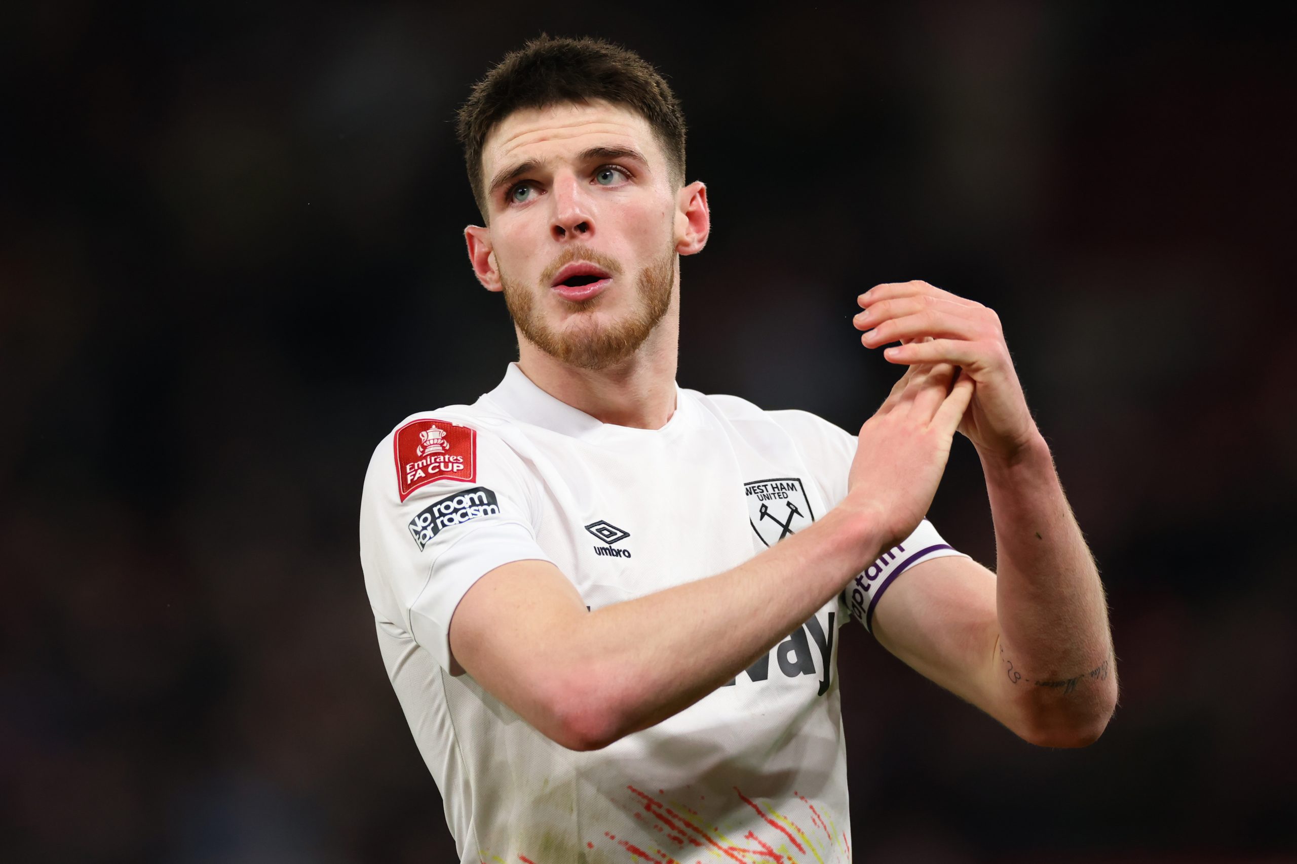 Declan Rice of West Ham looks dejected during the Emirates FA Cup Fifth Round match between Manchester United and West Ham United at Old Trafford on March 1, 2023 in Manchester, England