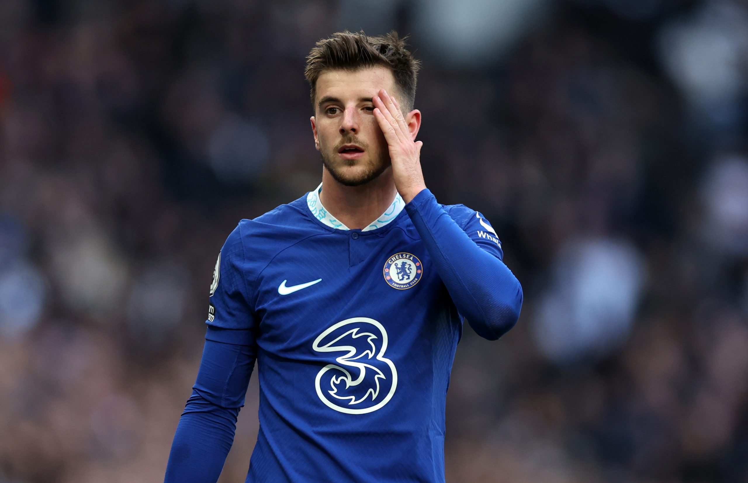 Mason Mount of Chelsea reacts during the Premier League match between Tottenham Hotspur and Chelsea FC at Tottenham Hotspur Stadium on February 26, 2023 in London, England