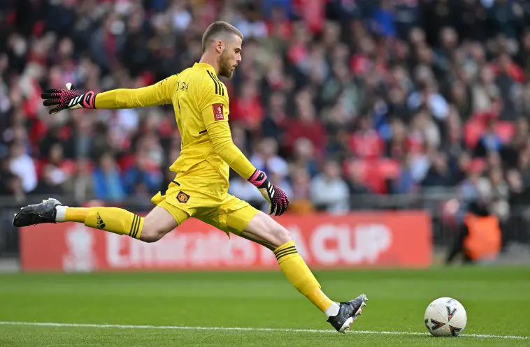 Manchester United's Spanish goalkeeper David de Gea takes a goal kick against Brighton in the FA Cup semifinals.