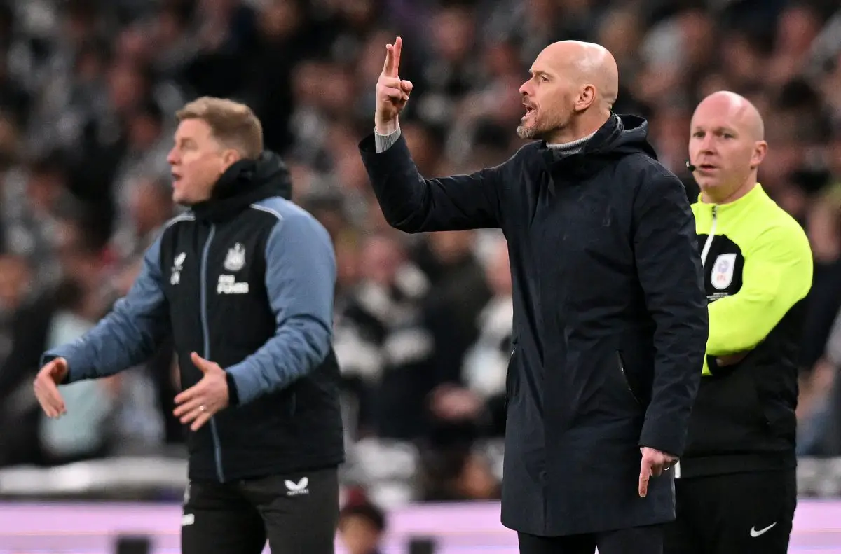 Newcastle United's English head coach Eddie Howe (L) and Manchester United's Dutch manager Erik ten Hag shouts instructions to the players from the touchline during the English League Cup final football match between Manchester United and Newcastle United at Wembley Stadium, north-west London on February 26, 2023. 