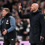 Newcastle United's Eddie Howe (L) and Manchester United's Erik ten Hag shouts instructions to the players from the touchline. (Photo by GLYN KIRK/AFP via Getty Images)