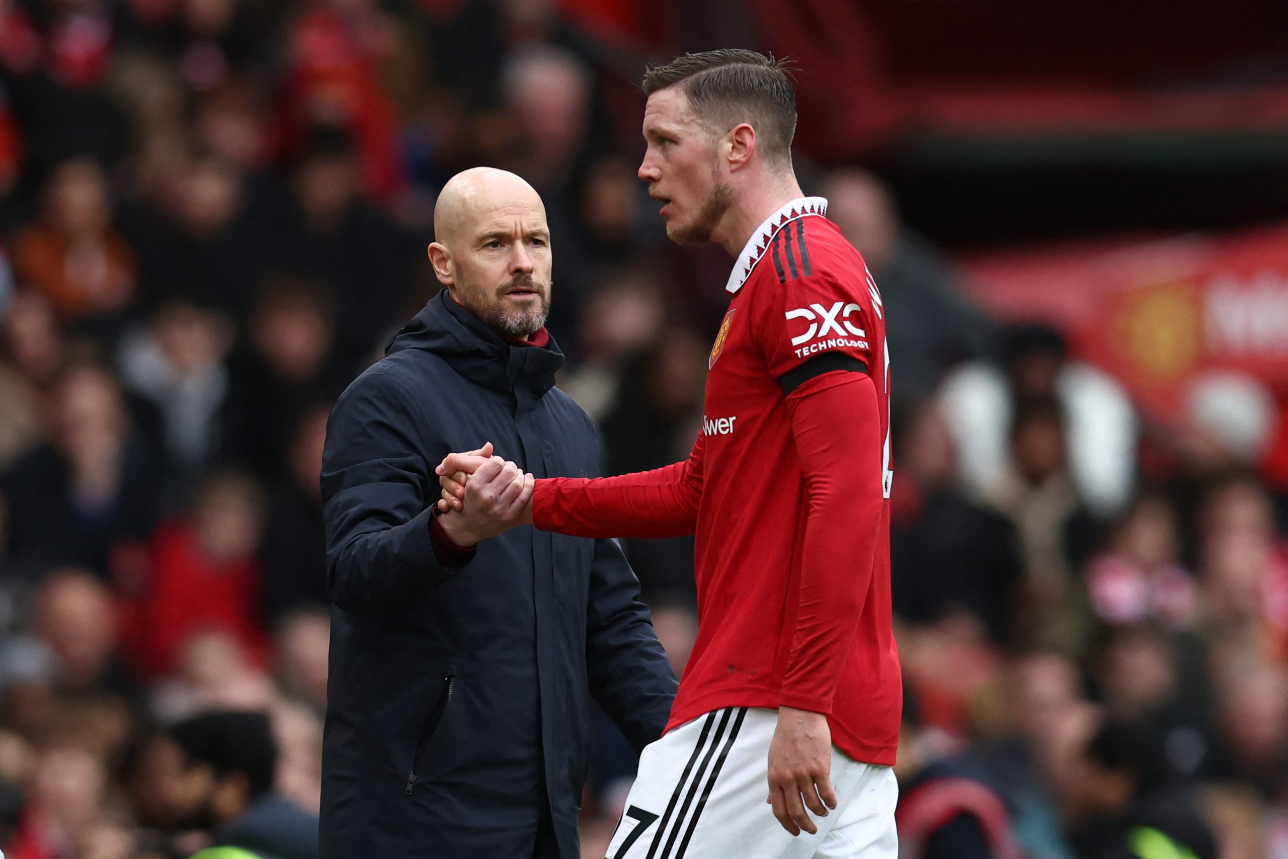 Manchester United's Dutch manager Erik ten Hag gestures to Wout Weghorst.