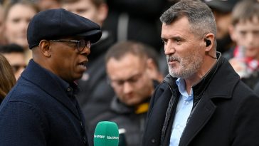 Former Footballers Ian Wright and Roy Keane speak as they present on ITV Sport.