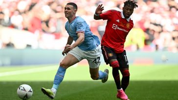 Phil Foden of Manchester City is fouled by Fred of Manchester United during the Emirates FA Cup Final.