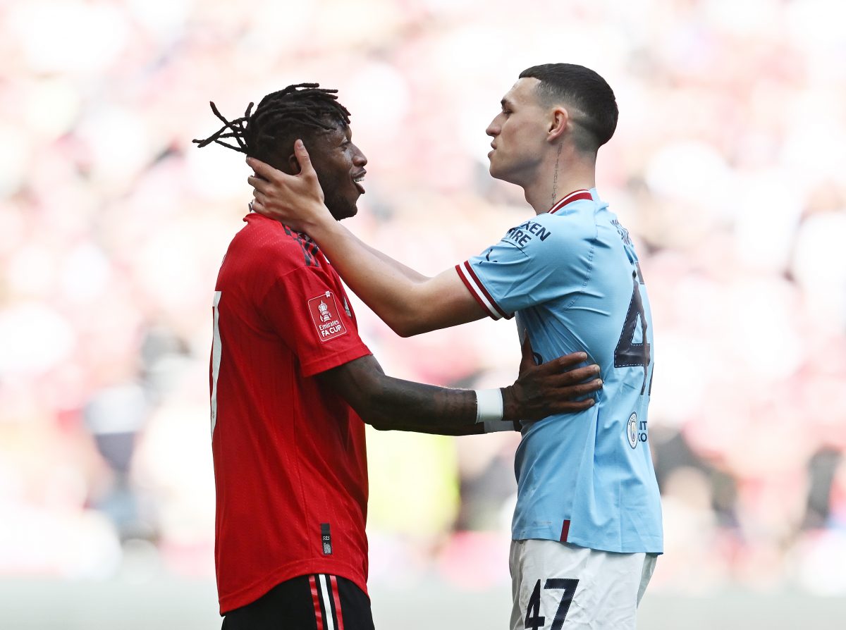 Phil Foden of Manchester City interacts with Fred of Manchester United after being fouled during the Emirates FA Cup Final.