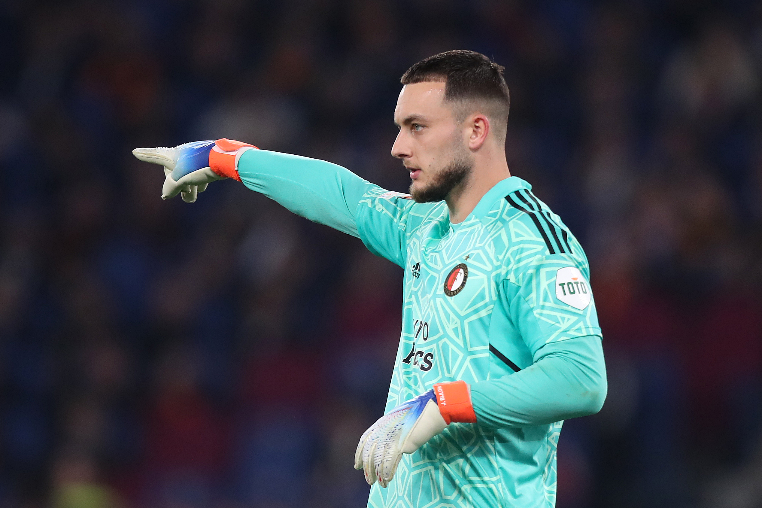 Justin Bijlow of Feyenoord gestures during a UEFA Europa League game against AS Roma.