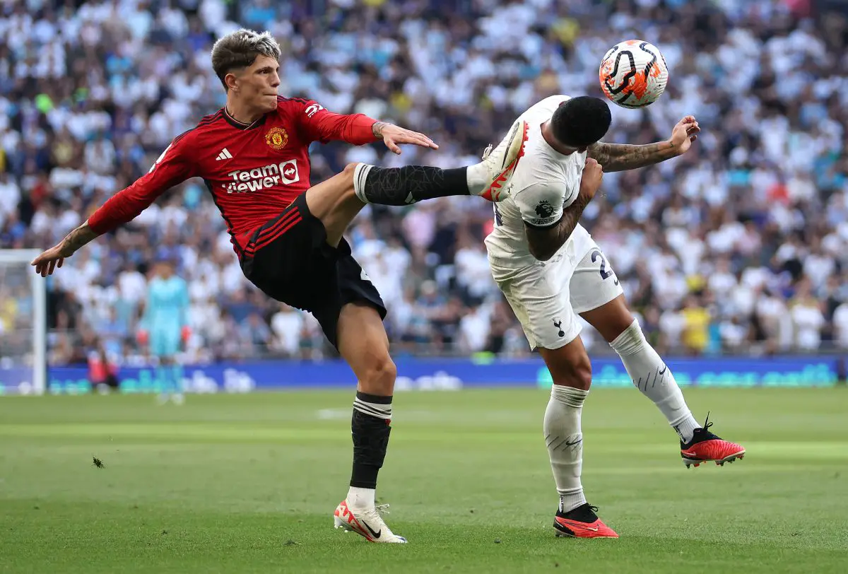 Alejandro Garnacho of Manchester United clashes with Pedro Porro of Tottenham Hotspur.