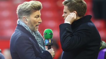 BT Sport commentators Robbie Savage and Jake Humphrey talk after the Emirates FA Cup third round match between Manchester United and Reading. (Photo by Clive Brunskill/Getty Images)