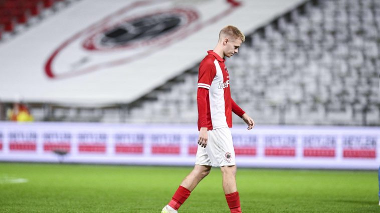 Antwerp's Arthur Vermeeren reacts at the end of a Belgium Pro League football match. (Photo by TOM GOYVAERTS/Belga/AFP via Getty Images)