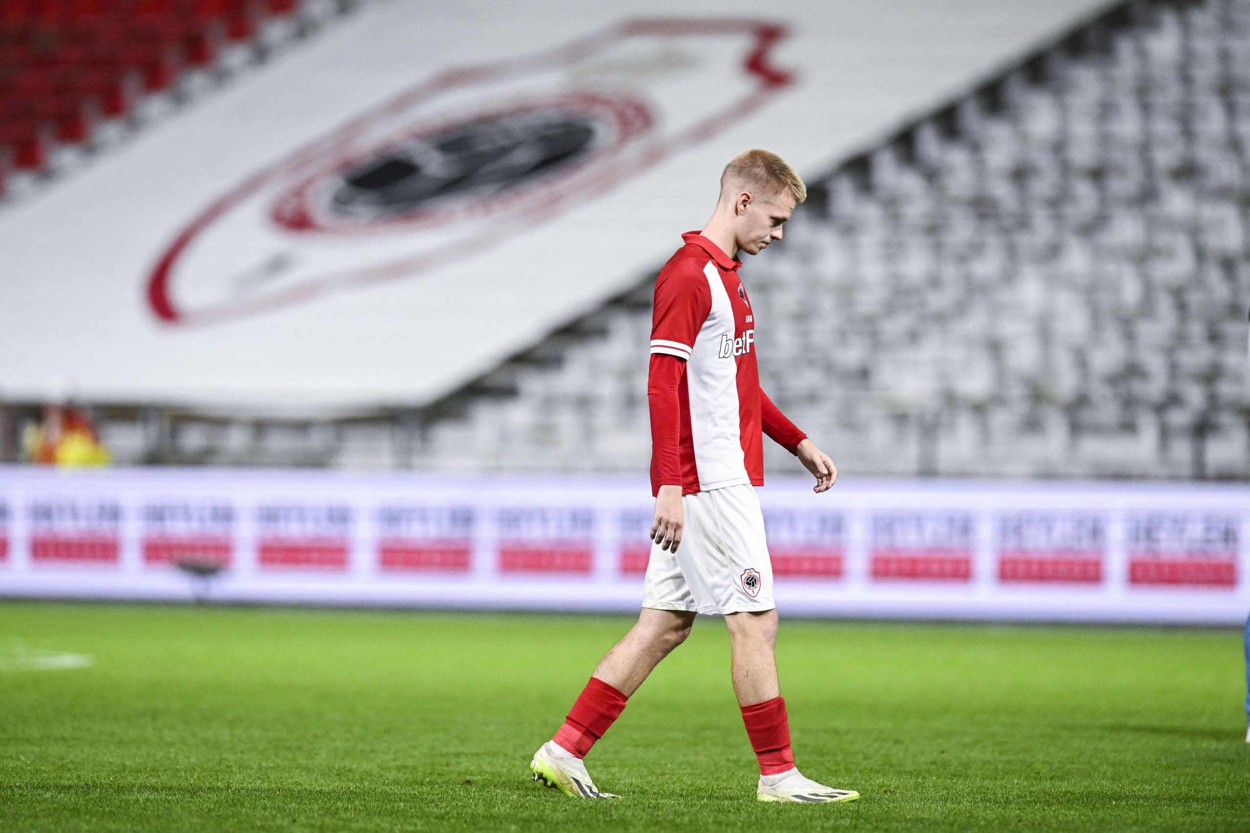 Antwerp's Arthur Vermeeren reacts at the end of a Belgium Pro League football match. (Photo by TOM GOYVAERTS/Belga/AFP via Getty Images)