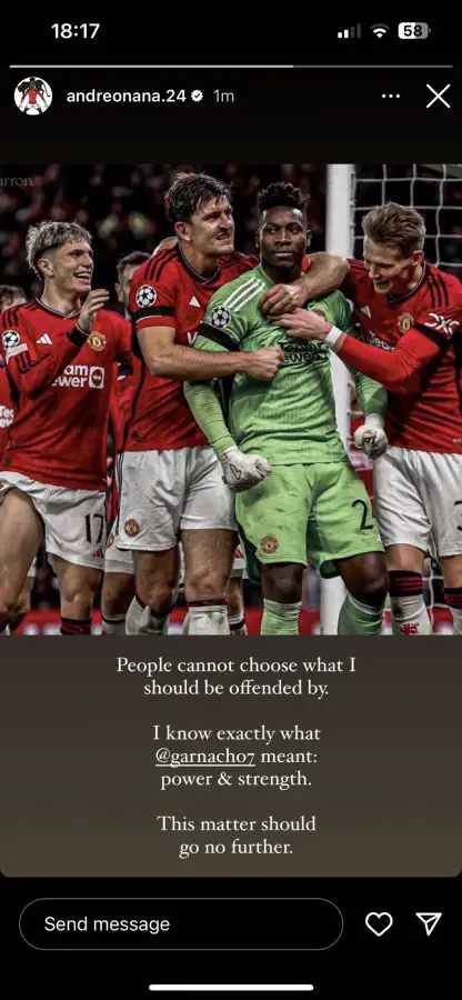 Manchester United goalkeeper Andre Onana defended Alejandro Garnacho over his now-deleted controversial post. (Credit: Instagram/Andreonana.24)
