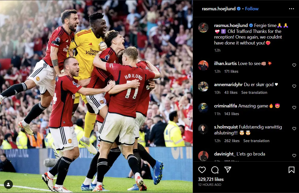 Manchester United forward Rasmus Hojlund thanks fans after comeback victory against Brentford. (Credit: rasmus.hoejlund/Instagram)