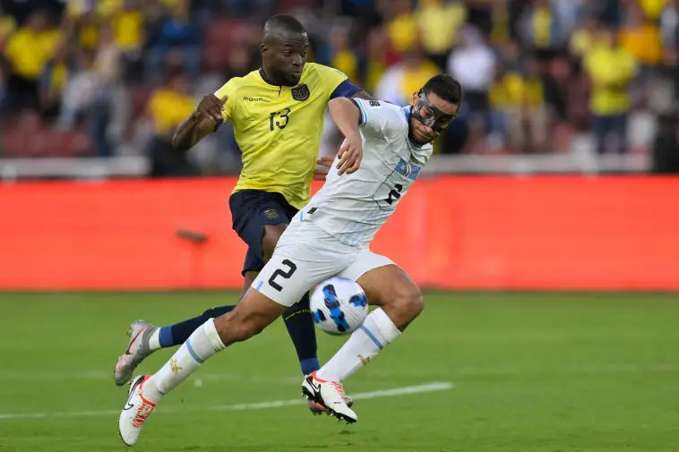 Sebastian Caceres fight for the ball during the 2026 FIFA World Cup South American qualifiers football match between Ecuador and Uruguay, at the Rodrigo Paz Delgado stadium in Quito, on September 12, 2023. (Photo by Rodrigo BUENDIA / AFP) (Photo by RODRIGO BUENDIA/AFP via Getty Images)