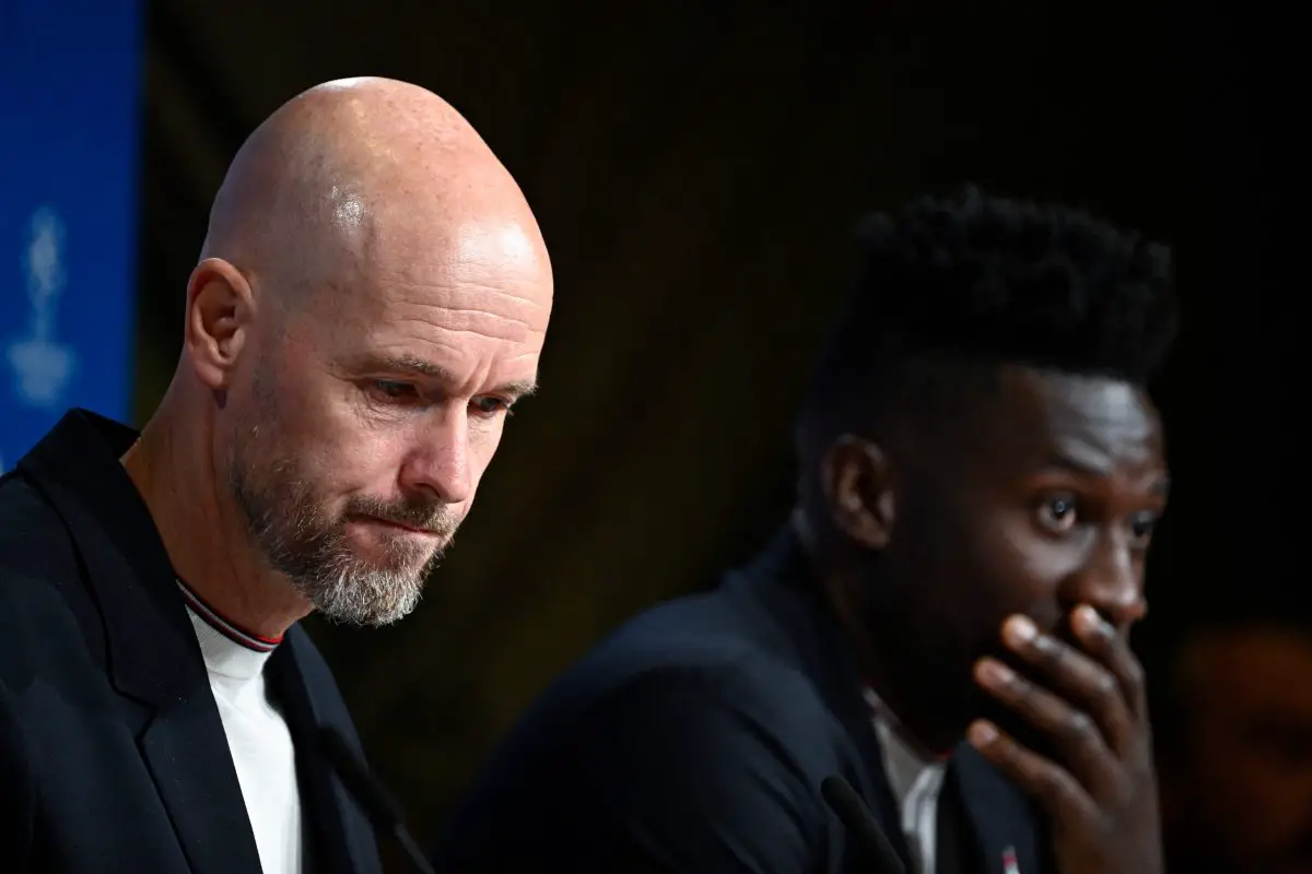 Manchester United's Dutch manager Erik ten Hag (L) and Manchester United's Cameroonian goalkeeper #24 Andre Onana address a press conference on the eve of the UEFA Champions League Group A football match FC Bayern Munich v Manchester United in Munich, southern Germany on September 19, 2023. (Photo by Tobias SCHWARZ / AFP) (Photo by TOBIAS SCHWARZ/AFP via Getty Images)