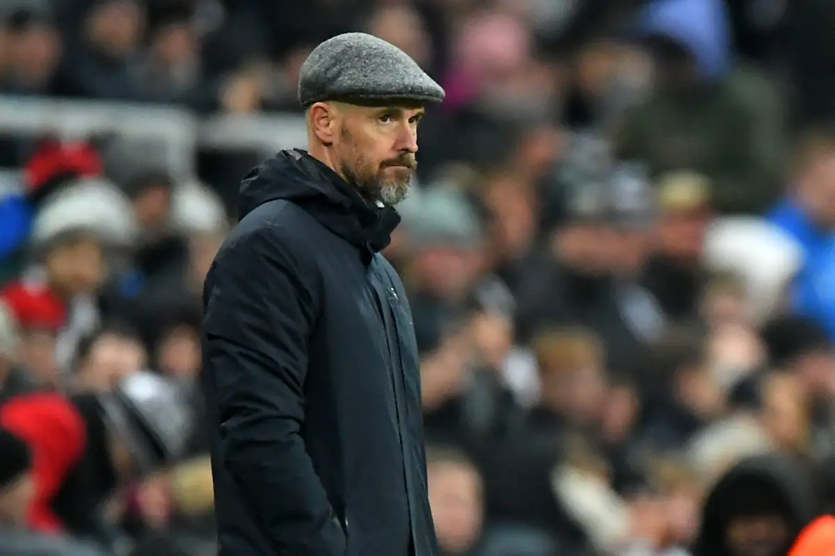 Manchester United's Dutch manager Erik ten Hag looks on during the English Premier League football match between Newcastle United and Manchester United at St James' Park in Newcastle-upon-Tyne, north east England on December 2, 2023. (Photo by ANDY BUCHANAN / AFP) / RESTRICTED TO EDITORIAL USE. No use with unauthorized audio, video, data, fixture lists, club/league logos or 'live' services. Online in-match use limited to 120 images. An additional 40 images may be used in extra time. No video emulation. Social media in-match use limited to 120 images. An additional 40 images may be used in extra time. No use in betting publications, games or single club/league/player publications. / (Photo by ANDY BUCHANAN/AFP via Getty Images)