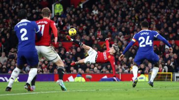 MANCHESTER, ENGLAND - DECEMBER 06: Alejandro Garnacho of Manchester United shoots but misses during the Premier League match between Manchester United and Chelsea FC at Old Trafford on December 06, 2023 in Manchester, England. (Photo by Clive Brunskill/Getty Images)