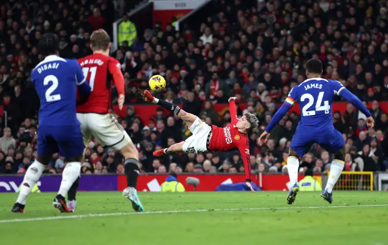 MANCHESTER, ENGLAND - DECEMBER 06: Alejandro Garnacho of Manchester United shoots but misses during the Premier League match between Manchester United and Chelsea FC at Old Trafford on December 06, 2023 in Manchester, England. (Photo by Clive Brunskill/Getty Images)
