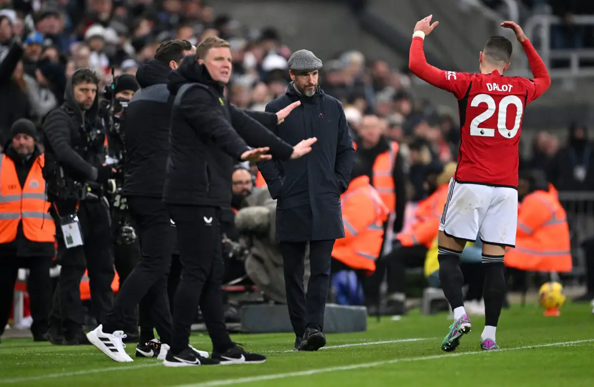 Manchester United manager Erik Ten Hag and Diogo Dalot react during the Premier League match against Newcastle United. (Photo by Stu Forster/Getty Images)
