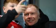 SALFORD, ENGLAND - NOVEMBER 14: Paul Scholes, Co-Owner of Salford City, takes a picture with a Salford City fan ahead of the Emirates FA Cup First Round Replay match between Salford City and Peterborough United at Peninsula Stadium on November 14, 2023 in Salford, England. (Photo by Ben Roberts Photo/Getty Images)