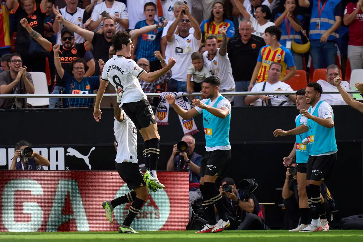 Javi Guerra of Valencia CF celebrates after scoring the team's third goal during the LaLiga match against Atletico Madrid at Estadio Mestalla. (Photo by Angel Martinez/Getty Images)