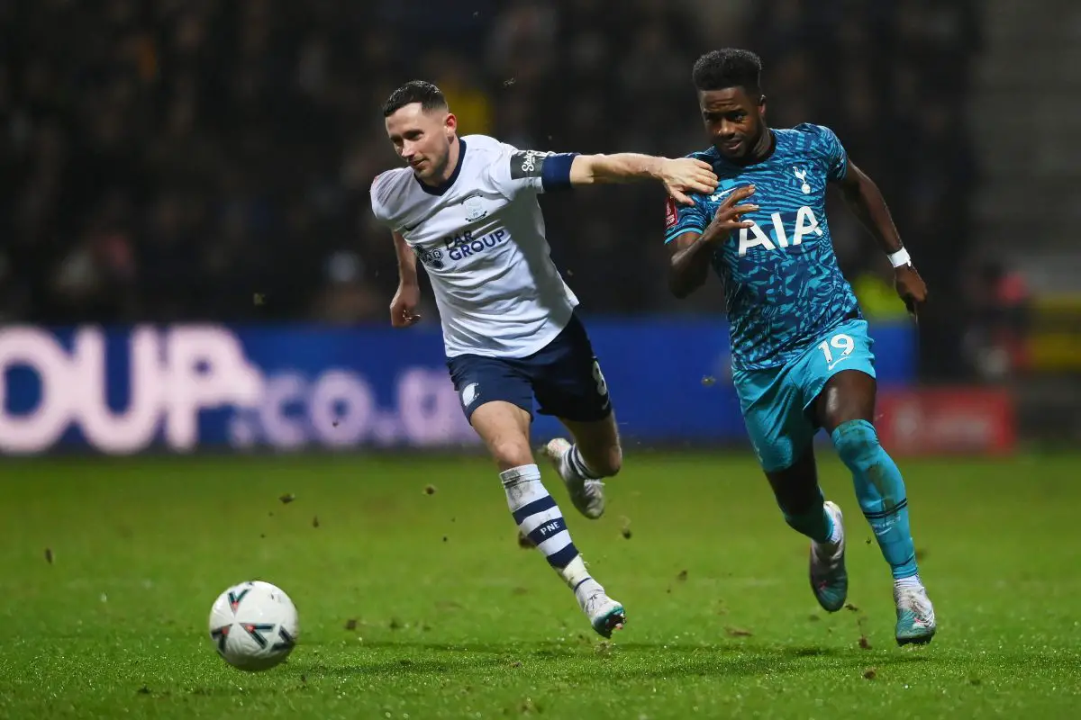 PRESTON, ENGLAND - JANUARY 28: Ryan Sessegnon of Tottenham Hotspur battles for possession with Alan Browne of Preston North End during the Emirates FA Cup Fourth Round match between Preston North End and Tottenham Hotspur at Deepdale on January 28, 2023 in Preston, England. (Photo by Stu Forster/Getty Images)