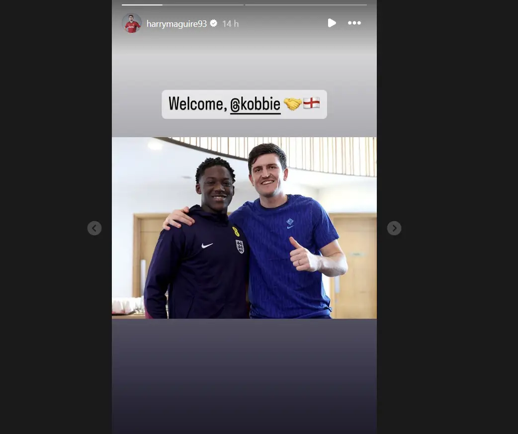 Manchester United defender Harry Maguire welcomed Kobbie Mainoo to the England camp after his first international call up (Credit:Instagram)