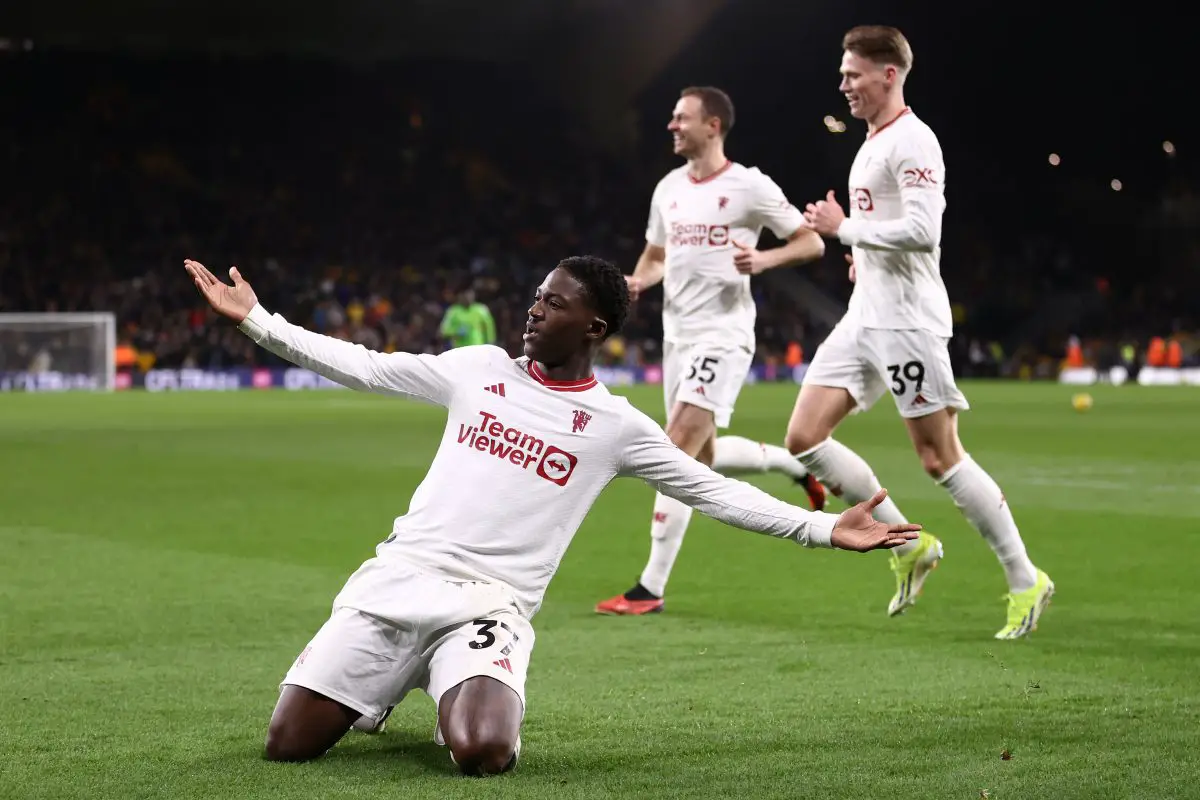 WOLVERHAMPTON, ENGLAND - FEBRUARY 01: Kobbie Mainoo of Manchester United celebrates scoring his team's fourth goal during the Premier League match between Wolverhampton Wanderers and Manchester United at Molineux on February 01, 2024 in Wolverhampton, England. (Photo by Naomi Baker/Getty Images)