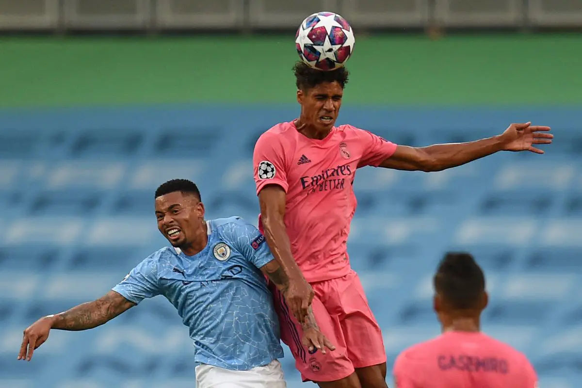 Varane representing Real Madrid against Man City in July 2020. He gave the ball away for City's 9th-minute goal and had a poor outing overall. (Photo by Oli SCARFF / POOL / AFP) (Photo by OLI SCARFF/POOL/AFP via Getty Images)