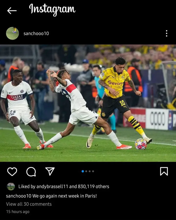 Manchester United loanee Jadon Sancho sends uplifting Instagram post after shining against PSG .