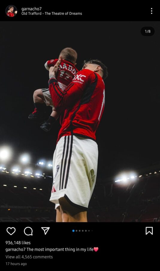 Alejandro Garnacho spends time with son under the Old Trafford lights after Manchester United's final home game . 