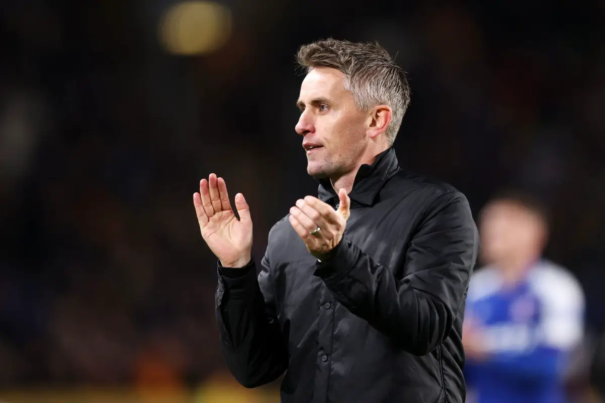HULL, ENGLAND - APRIL 27: Kieran McKenna, Manager of Ipswich Town, applauds the fans after the Sky Bet Championship match between Hull City and Ipswich Town at MKM Stadium on April 27, 2024 in Hull, England. (Photo by George Wood/Getty Images)