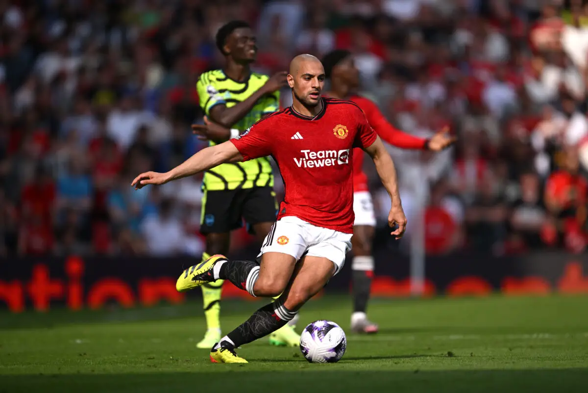 Sofyan Amrabat thanks Manchester United fans for support after Arsenal defeat. (Photo by Stu Forster/Getty Images)