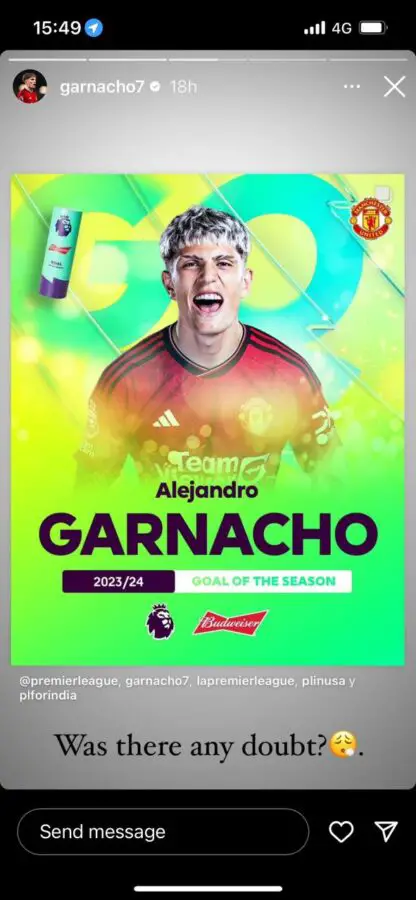 Garnacho on Instagram, accepting the 23/24 PL Goal of the Season award