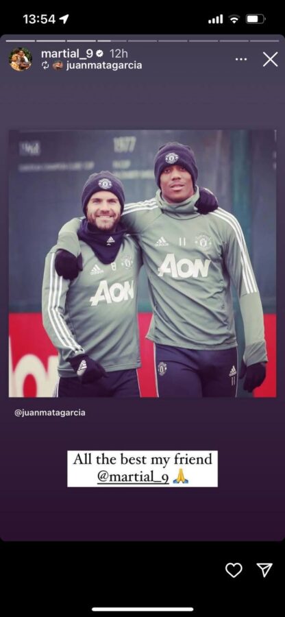 Martial reposting Mata's post on Instagram