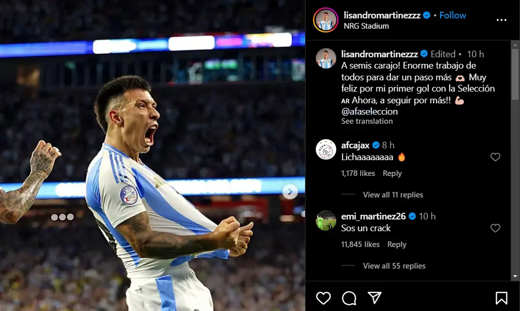 Emi Martínez responds to Lisandro Martínez's Instagram post as Argentina make 2024 Copa América semi-finals.