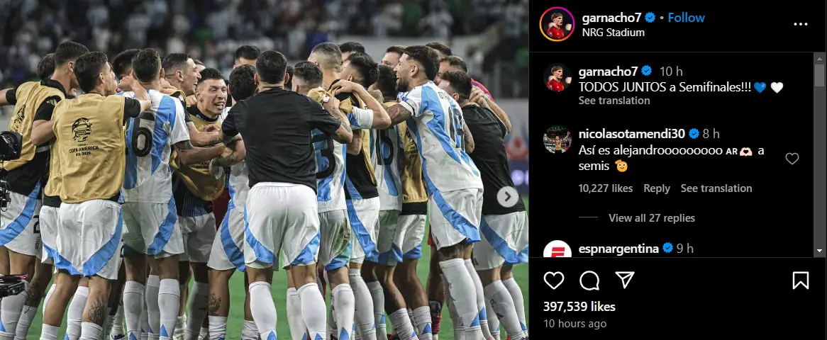 Manchester United star Alejandro Garnacho makes Instagram post as Argentina make 2024 Copa América semi-finals.